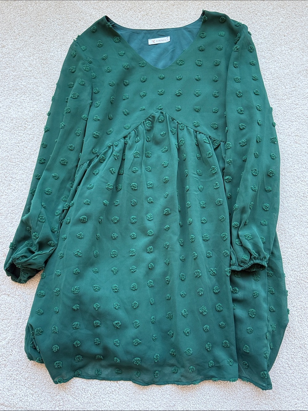 Textured Green Long-Sleeve Casual Dress